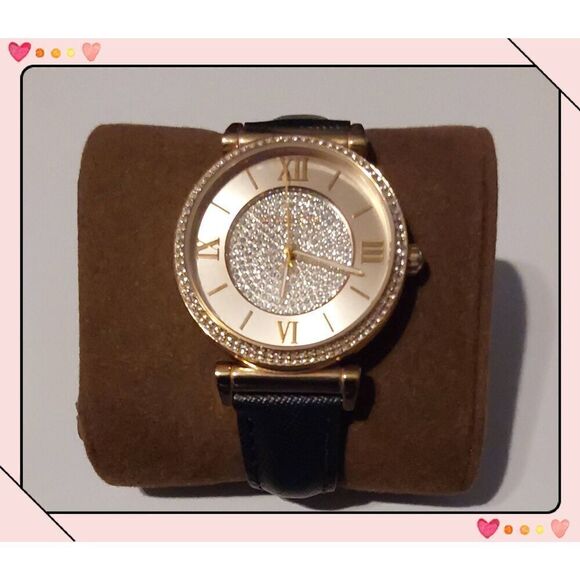 MICHAEL KORS Catlin Rose Crystal Set Black Leather Ladies Watch MK-2376 - Picture 1 of 8